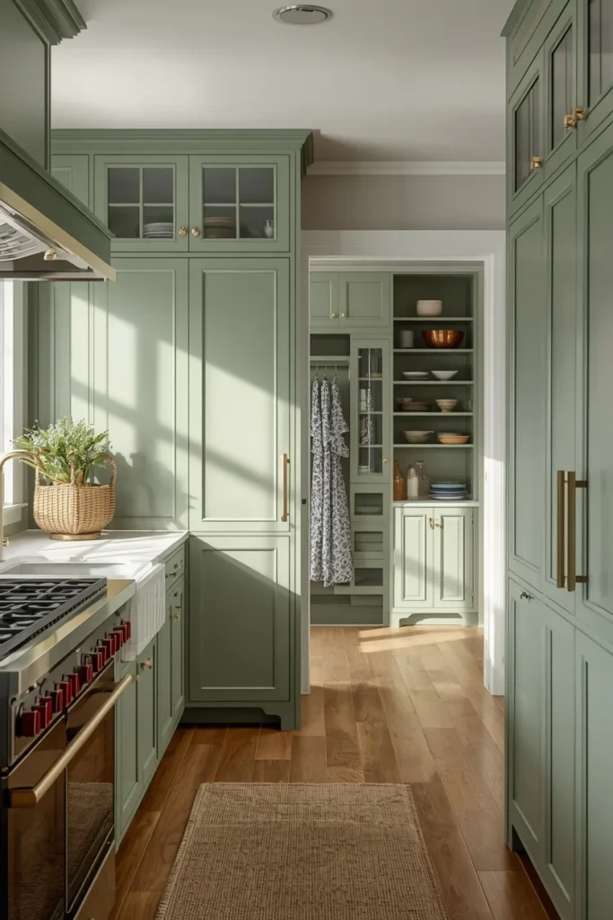 kitchen with adjoining butler's pantry, featuring matching deep sage green paint carried across kitchen cabinetry