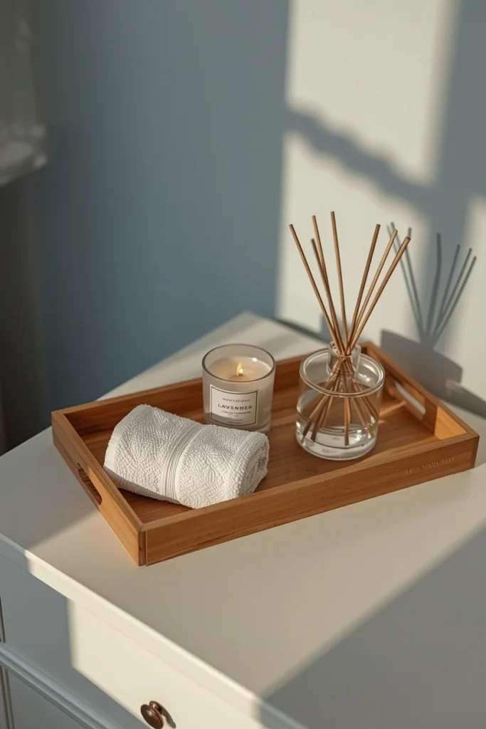  tabletop styling shot, featuring a wood tray holding a lit lavender candle, a glass reed diffuser
