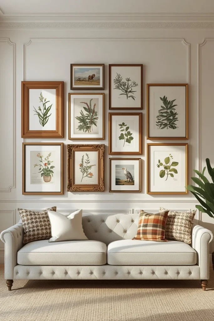 19 Cottagecore Living Room Ideas That Feel Like a Storybook Come to Life 19 cottagecore living room, featuring a gallery wall of botanical prints