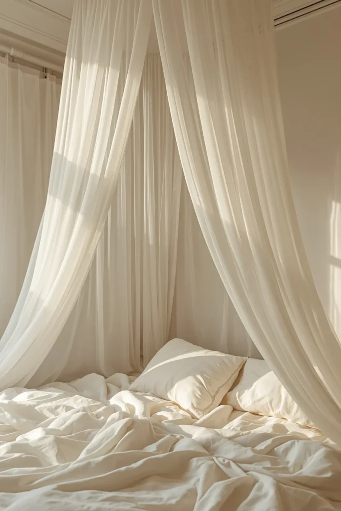 24 Cozy Bedroom Ideas That Make You Never Want to Leave Your Bed 19 bedroom close-up, featuring sheer cream fabric draped softly above a bed
