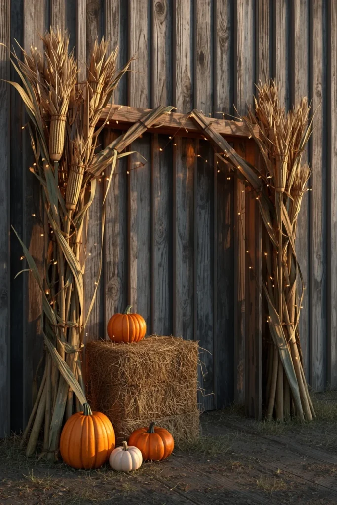 18 DIY Halloween Archway Ideas That Wow Trick-or-Treaters 19 rustic farm entrance archway, featuring bundled corn stalks