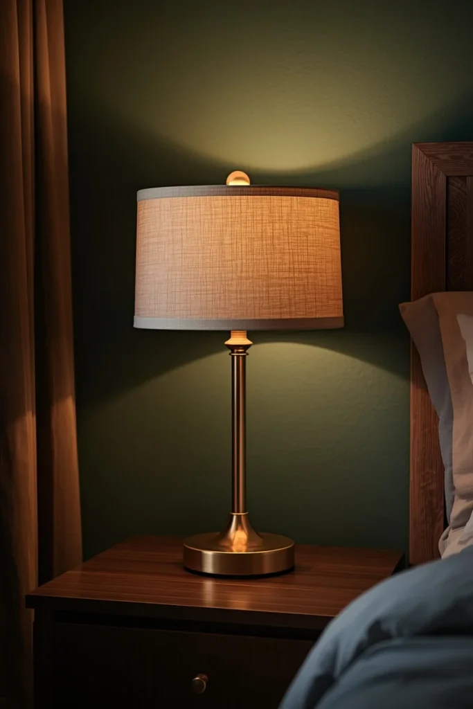  nightstand detail, featuring a brass table lamp with a cream fabric shade 