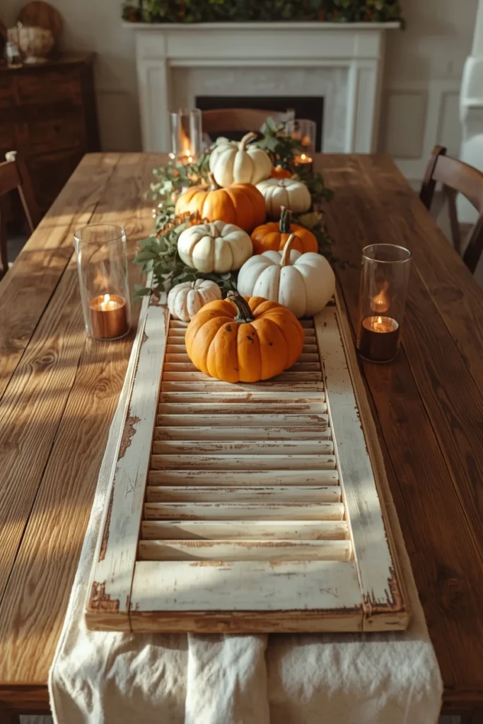 21 Fall Centerpiece Ideas That Take Minutes to Put Together (Easy + Budget-Friendly) 19 rustic centerpiece, featuring a weathered wooden shutter laid across a dining table filled with pumpkins,