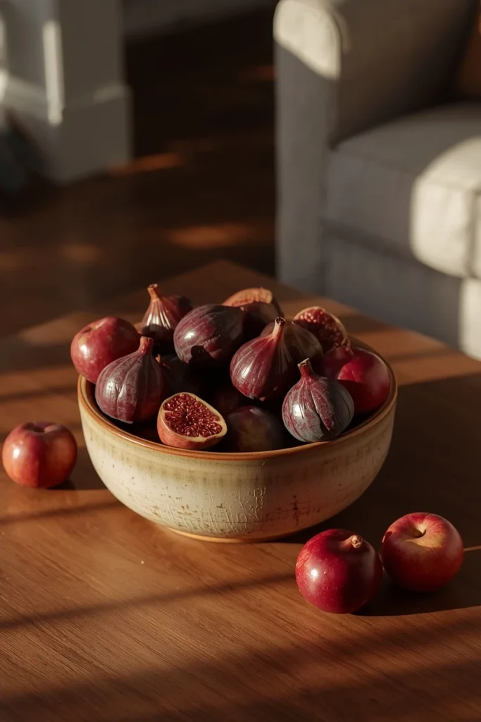20 Fall Coffee Table Decor Ideas to Steal This Season 19 living room, featuring a ceramic bowl filled with deep burgundy and plum faux fig