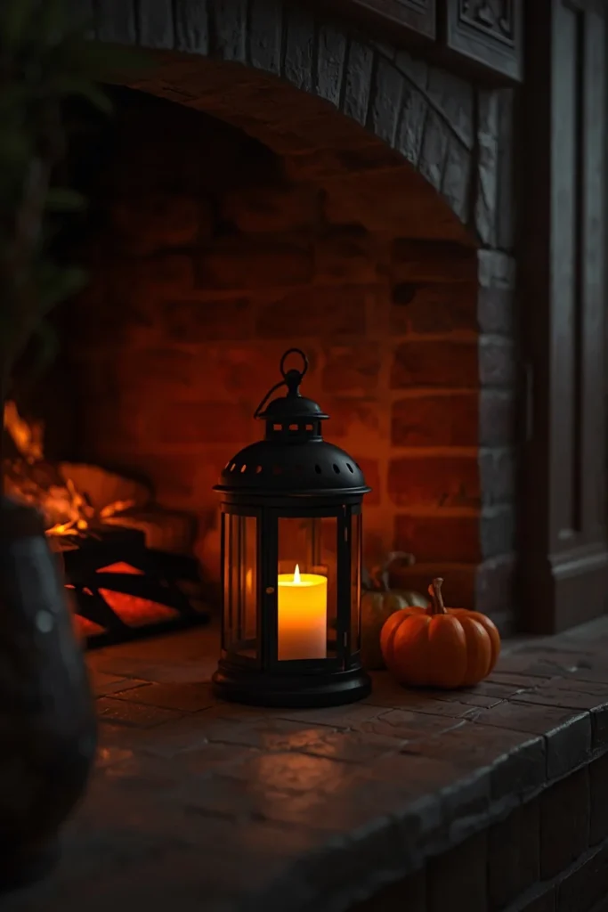  fireplace hearth, featuring a dark metal lantern with a warm glowing LED candle