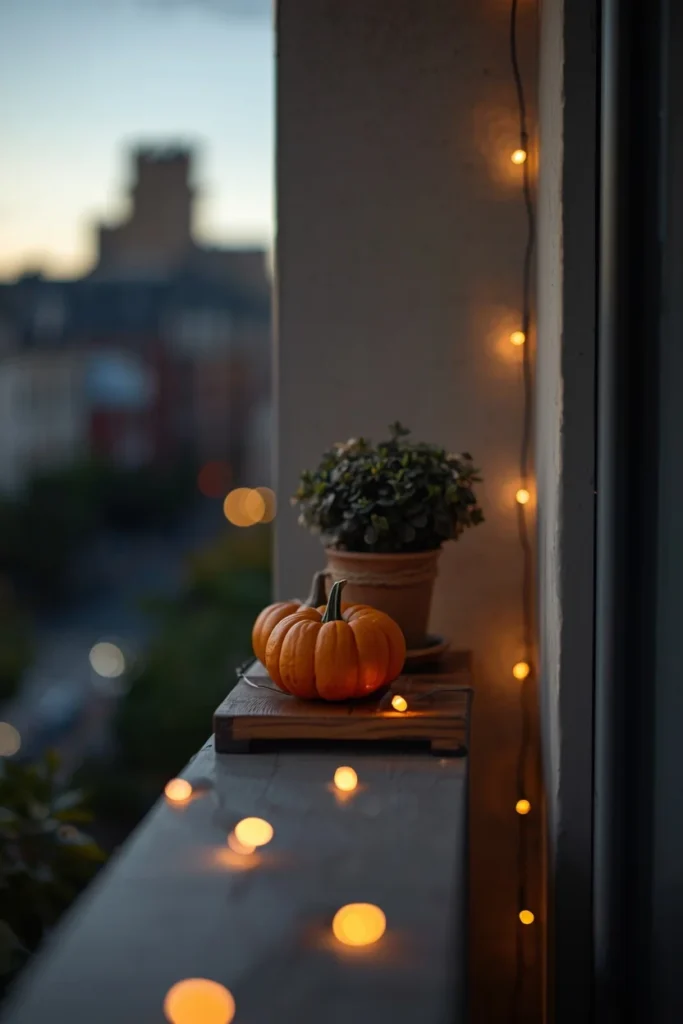  small apartment balcony, featuring a narrow wood shelf holding two mini pumpkins