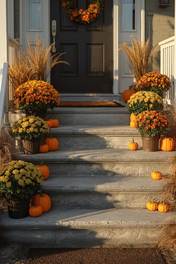 19 Fall Planter Ideas That Bring Instant Curb Appeal 19 front porch steps, featuring a tiered display of planters in graduating sizes filled with mums, grasses, and mini pumpkins