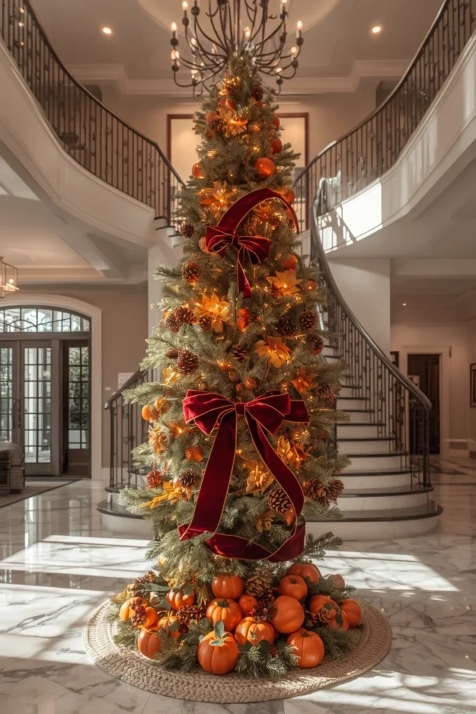 18 Fall Tree Ideas to Decorate Your Home Like a Magazine 19 two-story foyer, featuring a tall lighted fall tree wrapped in wide burgundy velvet ribbon loops