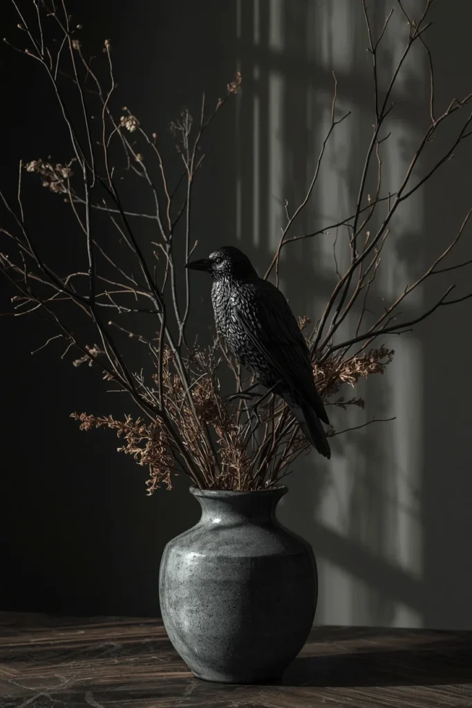  centerpiece, featuring one realistic matte black decorative raven perched