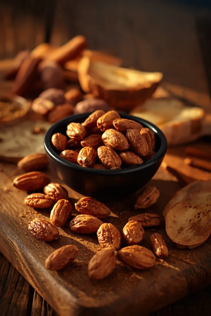  small black bowl on a charcuterie board, featuring warm spiced mixed nuts 