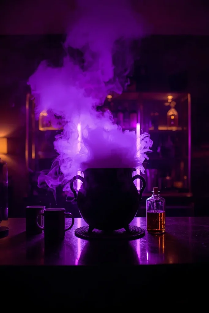 dramatic party coffee bar shot, featuring low rolling fog spilling across a dark countertop 