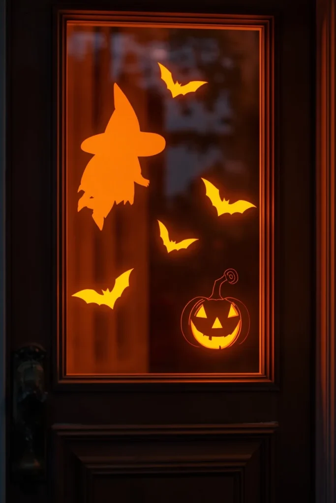 front door with glass window panel decorated for Halloween