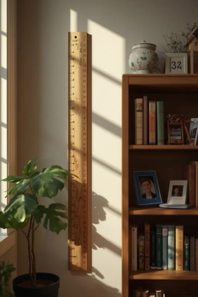 homeschool room, featuring a wood growth chart ruler mounted 