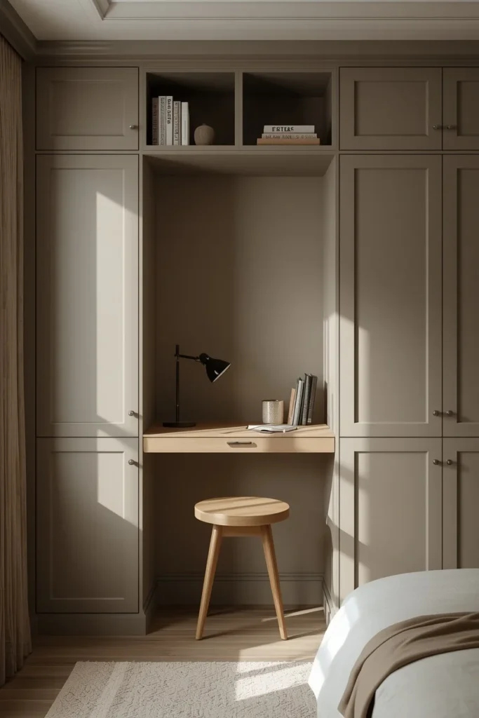 small bedroom, featuring a built-in desk nook integrated into a floor-to-ceiling shelving unit,