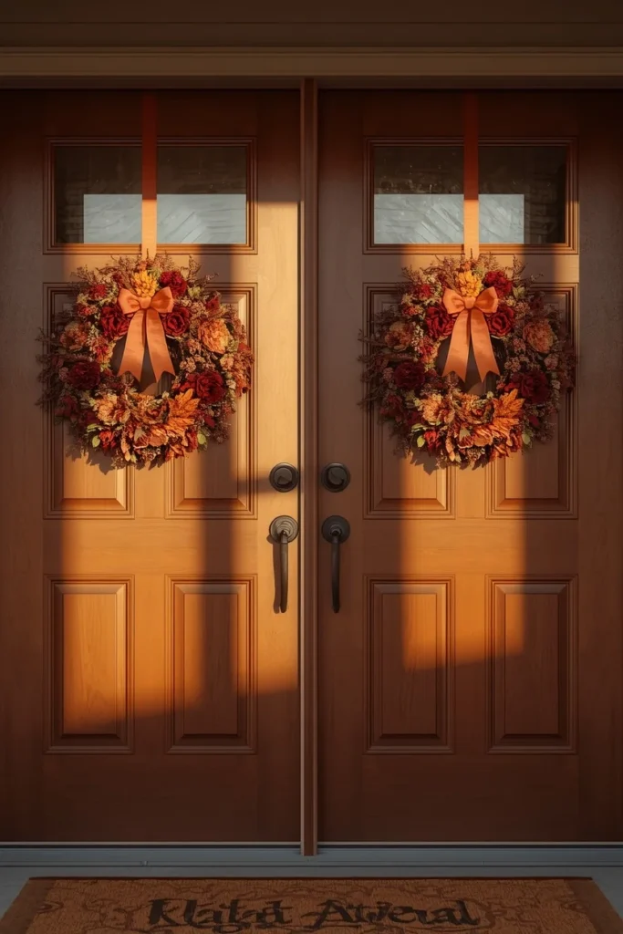  double front door wide shot, featuring two identical full floral fall wreaths 