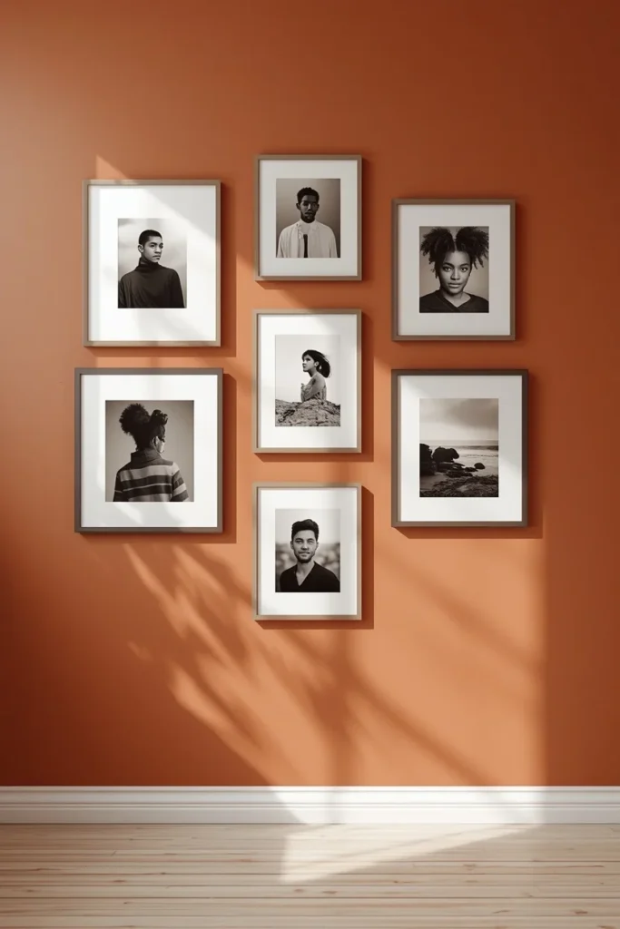 gallery wall, featuring a mixed collection of black-and-white and warm-toned portrait