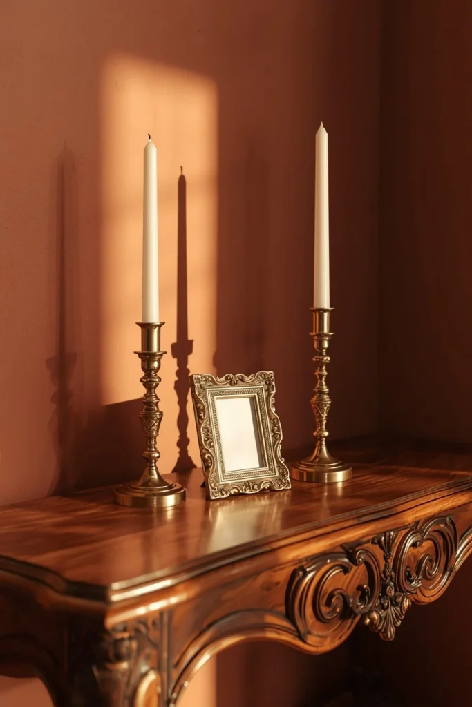 detail shot, featuring brass candle holders and a small brass picture frame