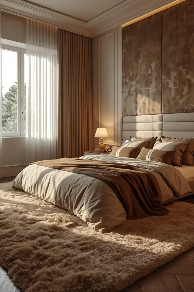 22 Beautiful Bedroom Ideas That Turn Your Room Into a Personal Sanctuary 20 bedroom, featuring a thick plush area rug, heavy floor-length curtains,