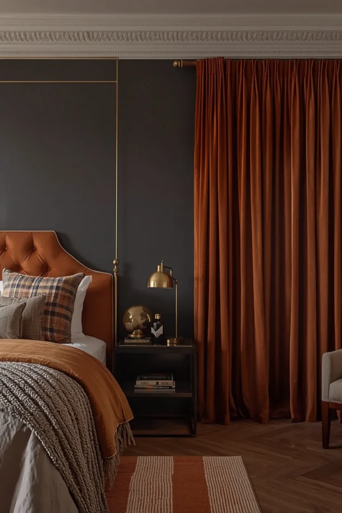 21 Bedroom Color Schemes That Make Your Room Feel Like a Boutique Hotel 20 Bedroom with charcoal grey walls, bold rust orange velvet headboard and drapery