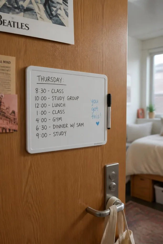  dorm room close-up, featuring a small magnetic whiteboard 