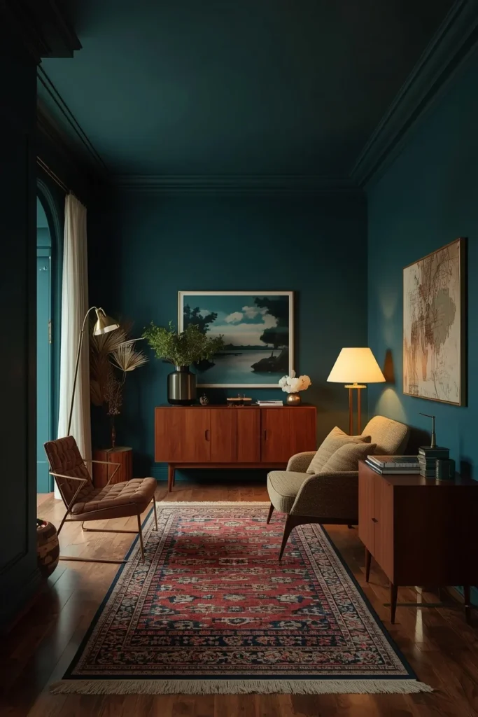 den, featuring a deep teal ceiling matching the walls, warm wood furniture including a mid-century sideboard, 