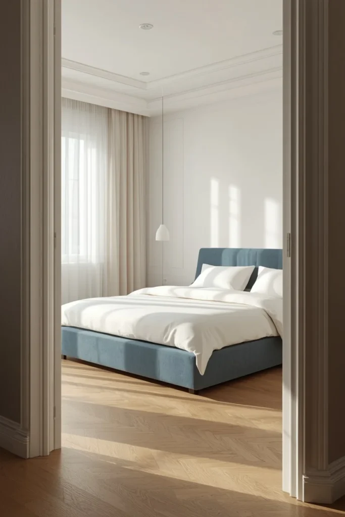 bedroom wide shot, featuring a slate blue linen upholstered platform bed frame with cream bedding