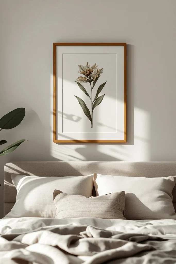 24 Cozy Bedroom Ideas That Make You Never Want to Leave Your Bed 20 bedroom wall close-up, featuring a single large botanical print