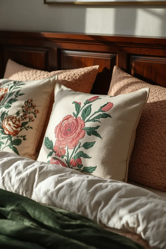 bed styling detail, featuring a mix of embroidered floral and patchwork throw pillows 