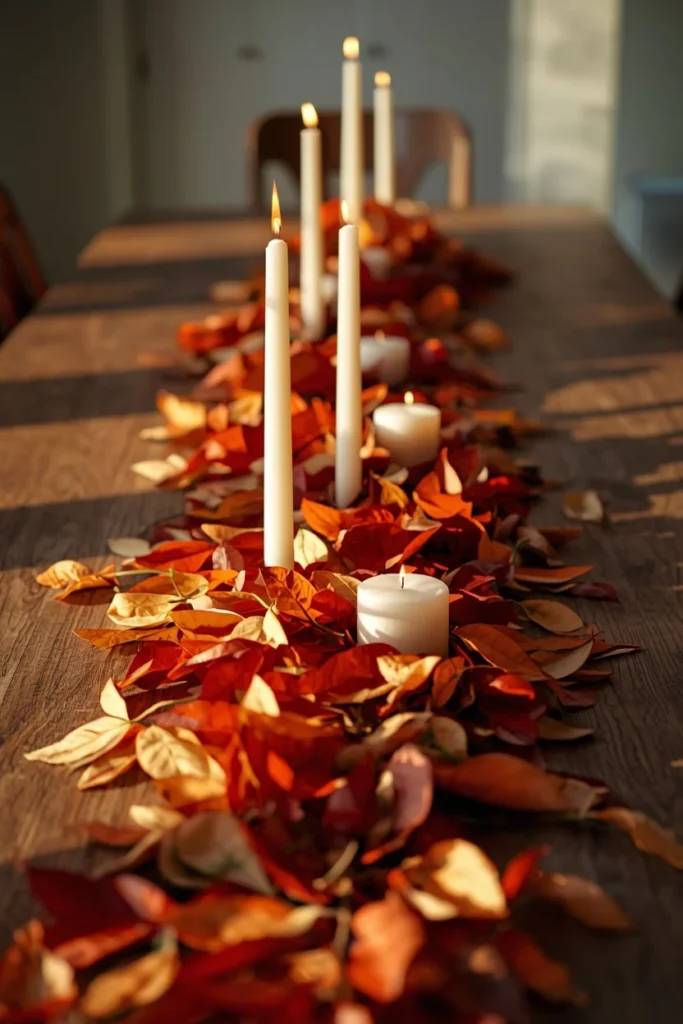 21 Fall Centerpiece Ideas That Take Minutes to Put Together (Easy + Budget-Friendly) 20 centerpiece, featuring a loose scatter of colorful red and orange leaves down a dining table
