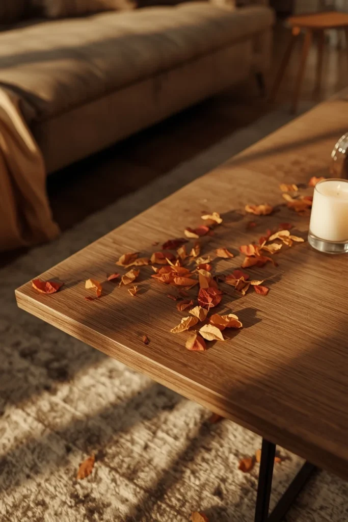 20 Fall Coffee Table Decor Ideas to Steal This Season 20 living room, featuring a small scatter of dried fall leaves in warm red, gold,