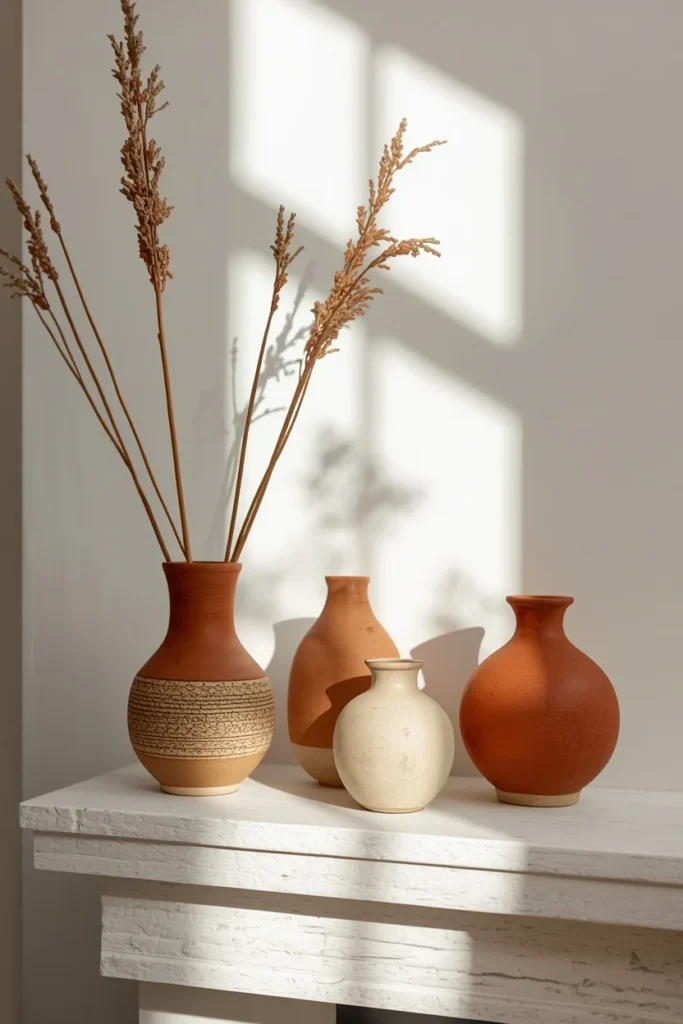  fireplace mantel styling, featuring three ceramic vessels