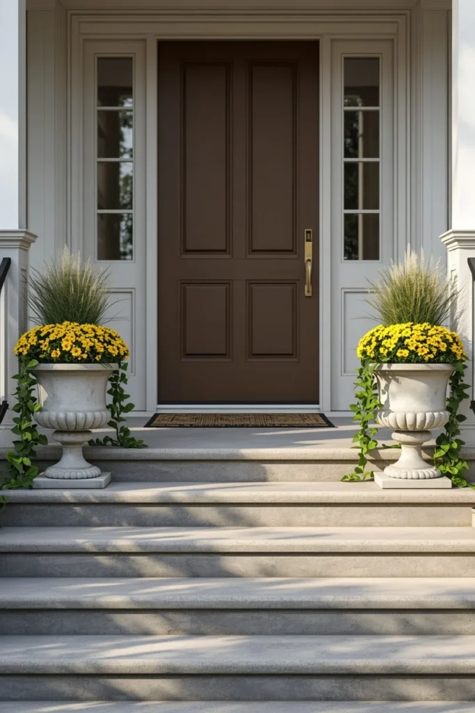 front entry steps, featuring two matching large concrete planters