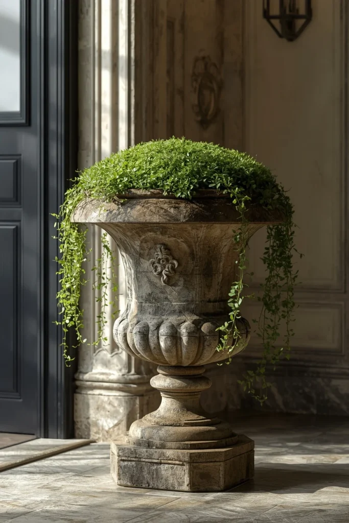 entryway display, featuring a weathered stone-look urn filled with faux moss 
