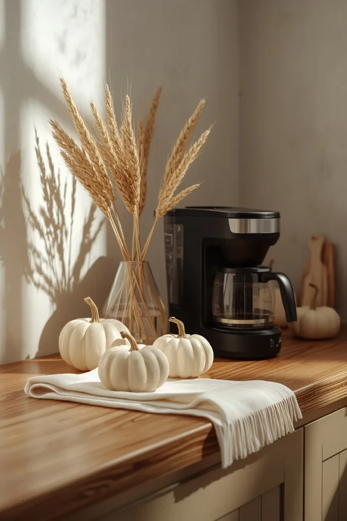cozy neutral coffee bar shot, featuring small white pumpkins, a woven wheat bundle