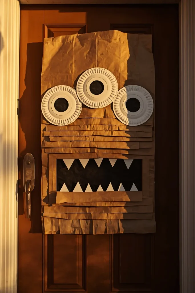 front door decorated for Halloween, featuring a monster face