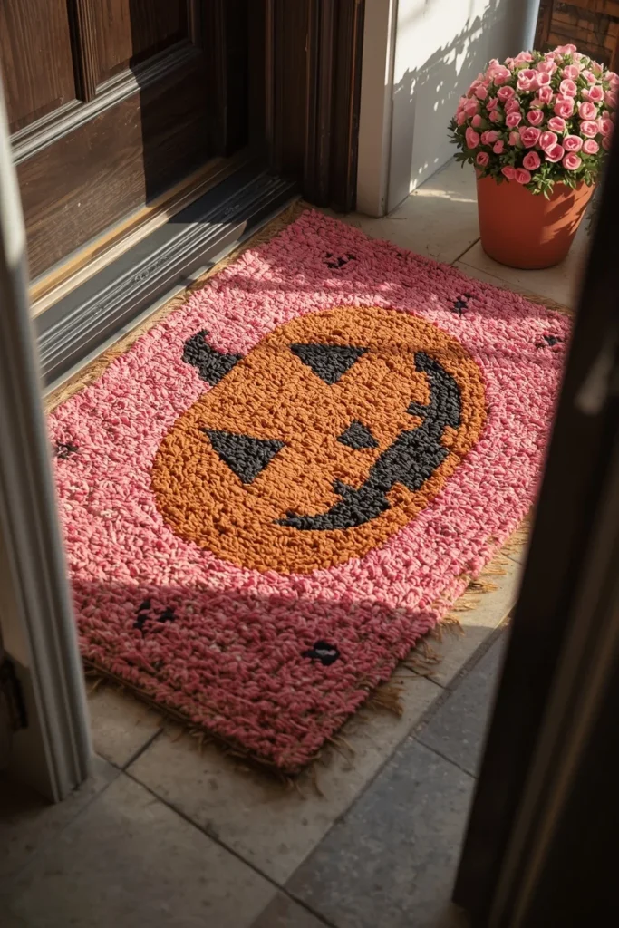 front entryway, featuring a small pink Halloween-themed doormat