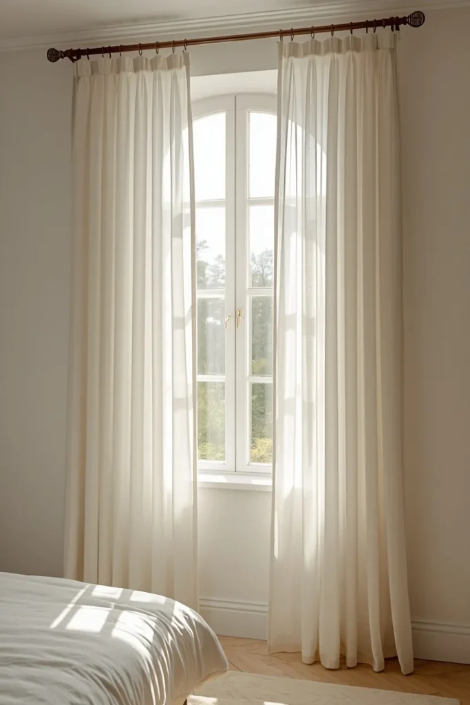  small bedroom window, featuring sheer ivory curtains hung wide and high above a window painted the same soft warm white 