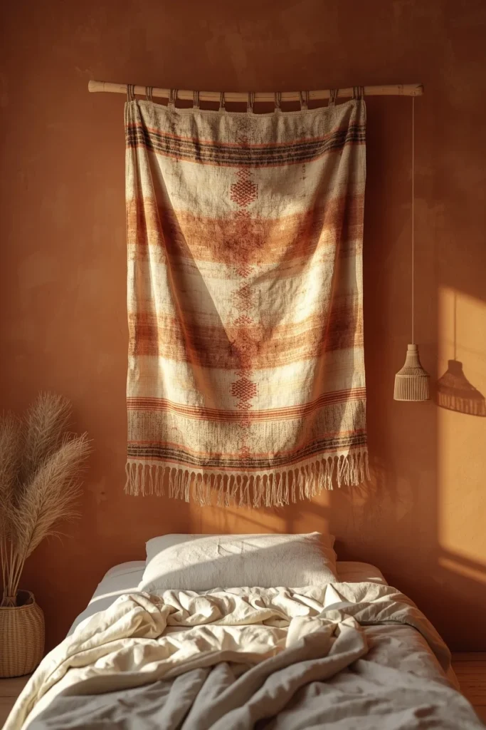 wall styling, featuring a large hand-dyed mudcloth textile hanging from a wooden dowel