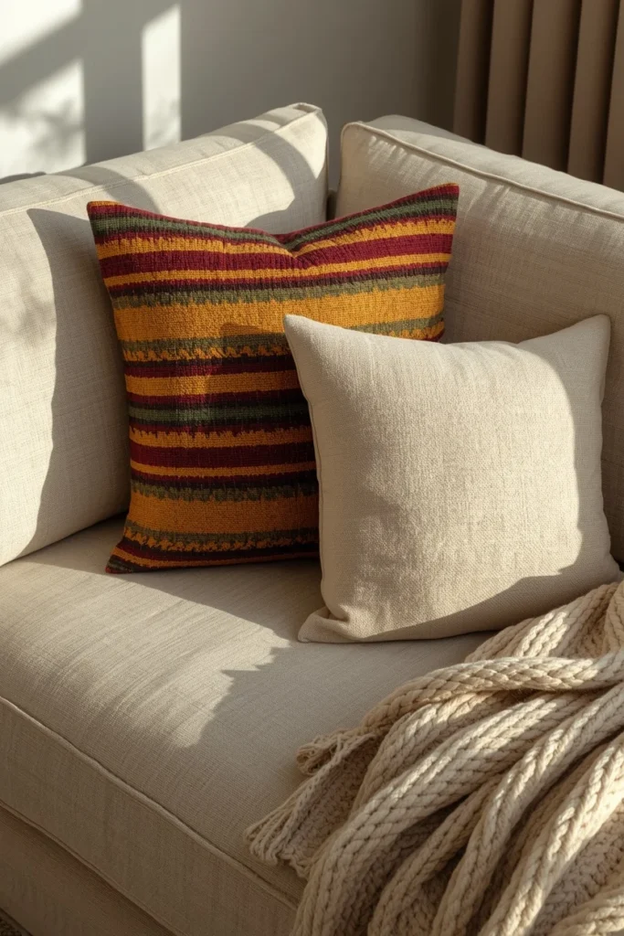 styling vignette, featuring a cream linen sofa corner with three kente-inspired striped throw pillows 