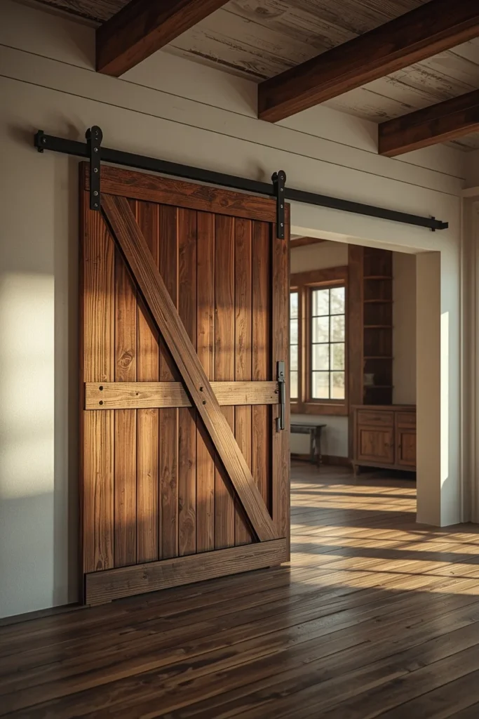 barndominium interior, featuring a large reclaimed wood sliding barn door