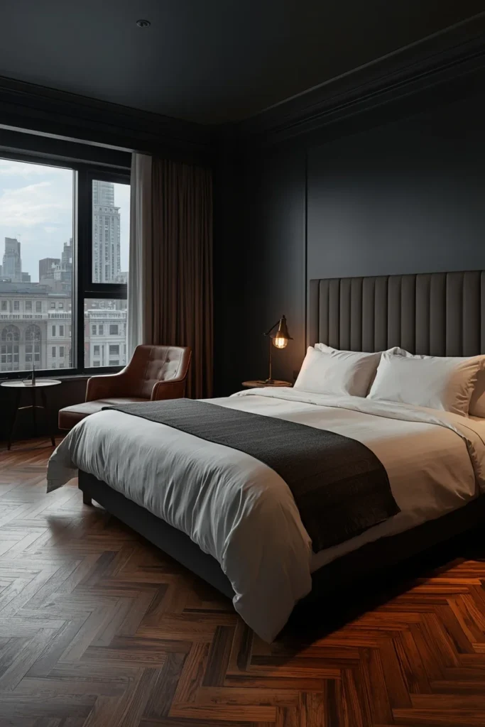 21 Bedroom Color Schemes That Make Your Room Feel Like a Boutique Hotel 3 Bedroom with deep matte charcoal walls, warm walnut wood floorin