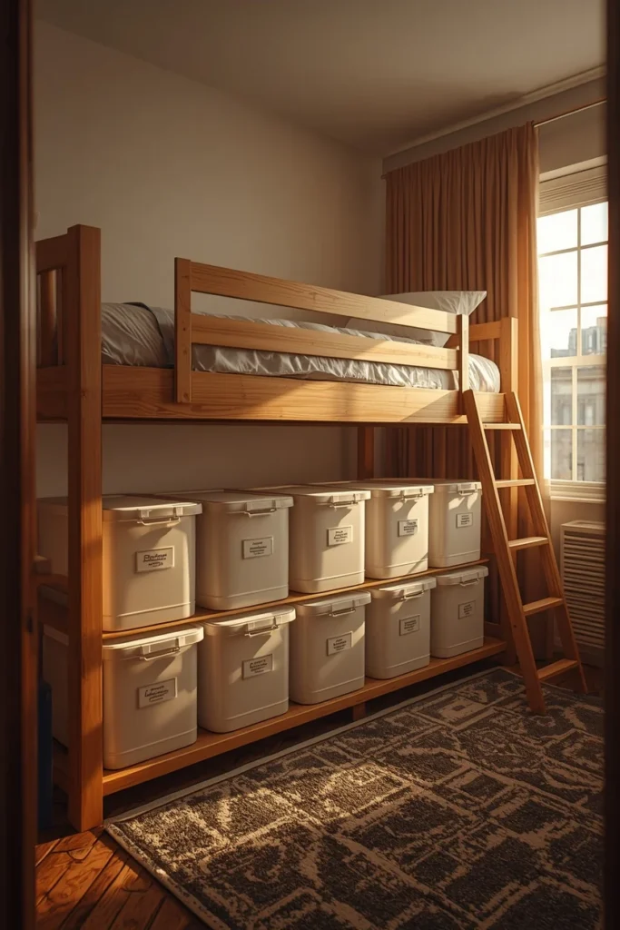  dorm room, featuring a lofted twin XL bed on wooden bed 