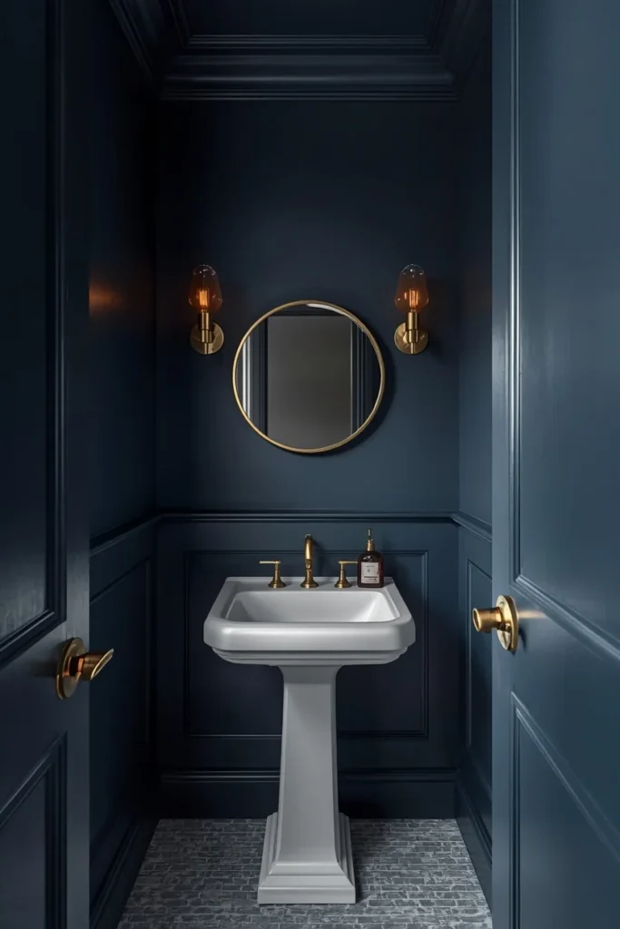  small powder room, featuring a deep navy blue ceiling and walls painted the same rich shade
