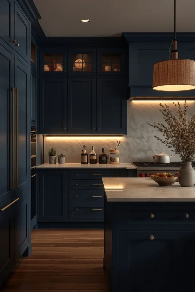  kitchen evening shot, featuring deep navy cabinets, walls, and trim in a satin finish,