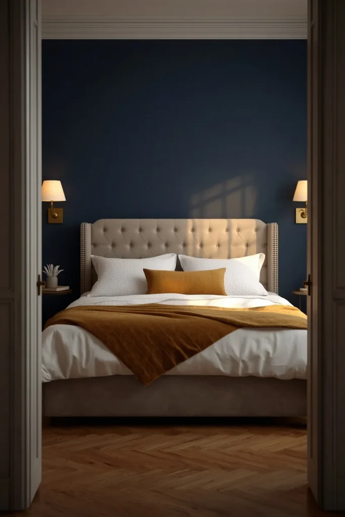 bedroom shot, featuring a deep navy accent wall behind an upholstered bed frame