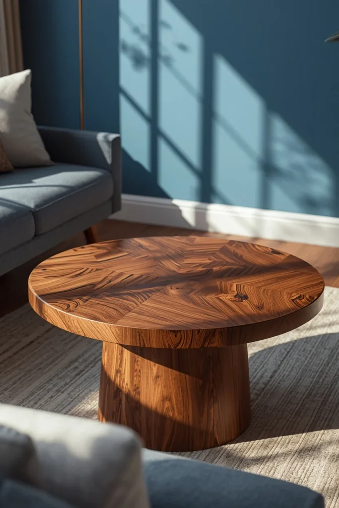  living room detail, featuring a round warm walnut coffee table with organic wood grain