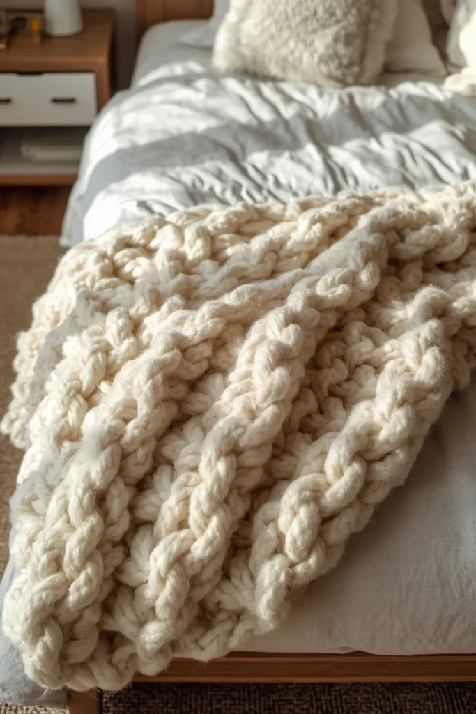 24 Cozy Bedroom Ideas That Make You Never Want to Leave Your Bed 3 bedroom close-up, featuring a chunky cream knit throw blanket