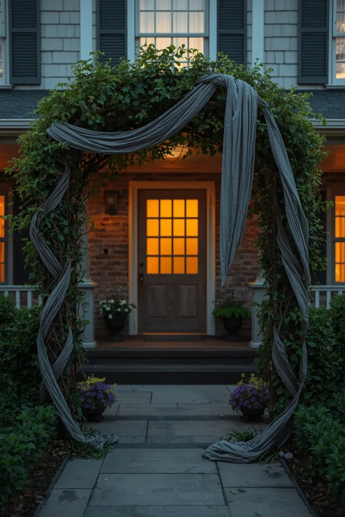 18 DIY Halloween Archway Ideas That Wow Trick-or-Treaters 3 porch archway, featuring a vine-wrapped arch frame