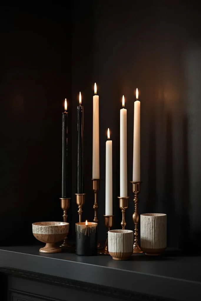 mantel display, featuring a clustered arrangement of dripping black and ivory taper candles 