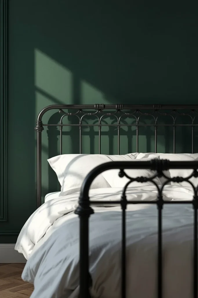 bedroom, featuring an ornate black wrought iron bed frame 